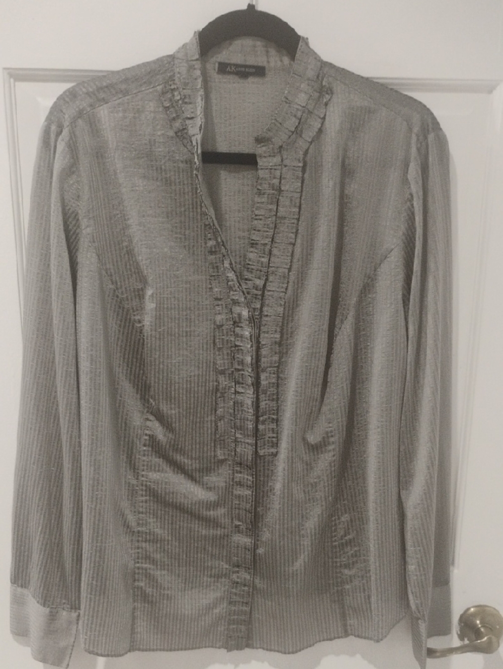 Anne Klein Gray Ruffle-Trim Button Front Blouse
